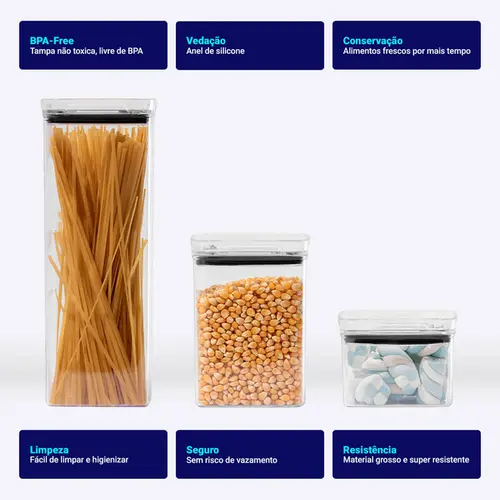 Kit 10 potes hermético transparente quadrado para porta mantimento cozinha