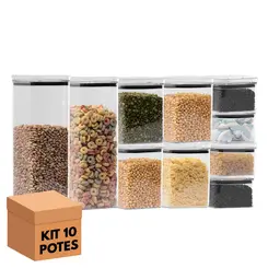 Kit 10 potes hermético transparente quadrado para porta mantimento cozinha