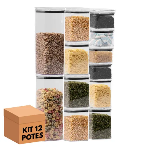 Kit 12 potes hermético transparente quadrado para porta mantimento cozinha