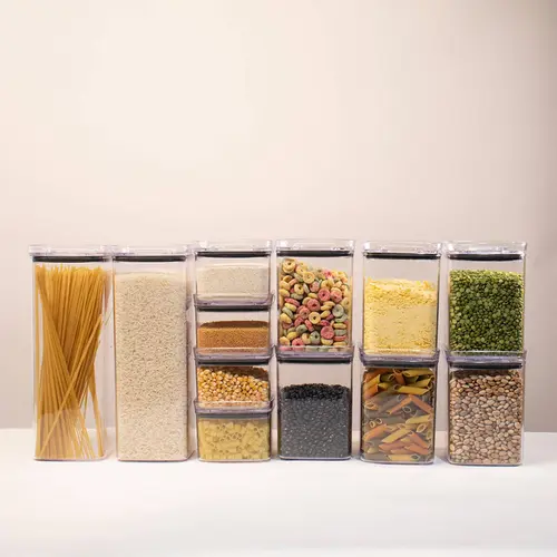 Kit 12 potes hermético transparente quadrado para porta mantimento cozinha