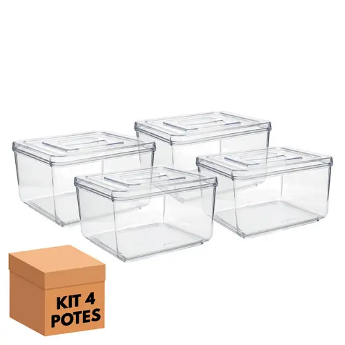 Kit 4 potes em acrílico p/ granel cereais alimentos 3,5l quadrado c/ tampa