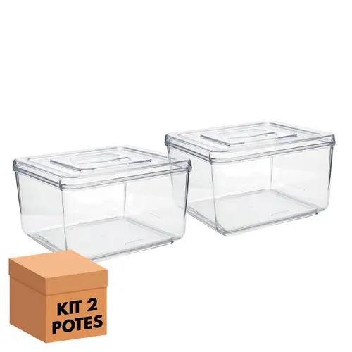 Kit 2 potes em acrílico p/ granel cereais alimentos 3,5l quadrado c/ tampa