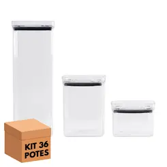 Kit 36 potes hermético transparente quadrado para porta mantimento cozinha