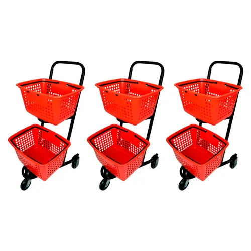 Kit 3 carrinhos de compras compacto duplo 50 litros vermelho