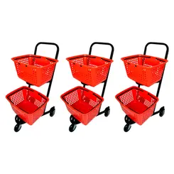 Kit 3 carrinhos de compras compacto duplo 50 litros vermelho
