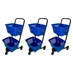 Kit 3 carrinhos de compras compacto duplo 50 litros azul