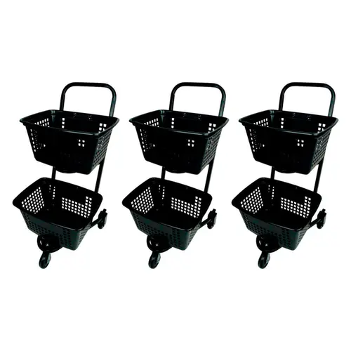 Kit 3 carrinhos de compras compacto duplo 50 litros preto