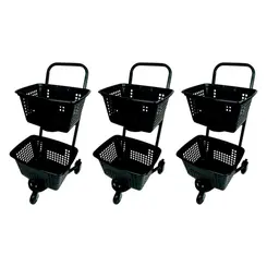 Kit 3 carrinhos de compras compacto duplo 50 litros preto