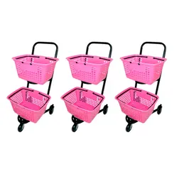Kit 3 carrinhos de compras compacto duplo 50 litros rosa