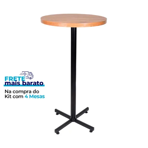 Mesa bistrô design industrial tampo de madeira noce 50cm de diâmetro p/ restaurante