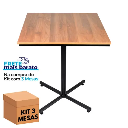 Kit 3 mesas design industrial tampo de madeira noce 70x70 p/ restaurante