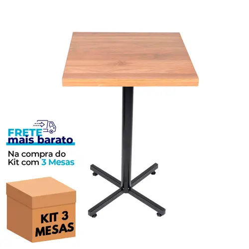 Kit 3 mesas design industrial tampo de madeira noce 50x50 p/ restaurante