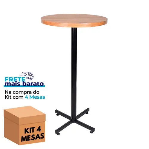 Kit 4 mesas bistrô design industrial tampo de madeira noce 50cm de diâmetro p/ restaurante