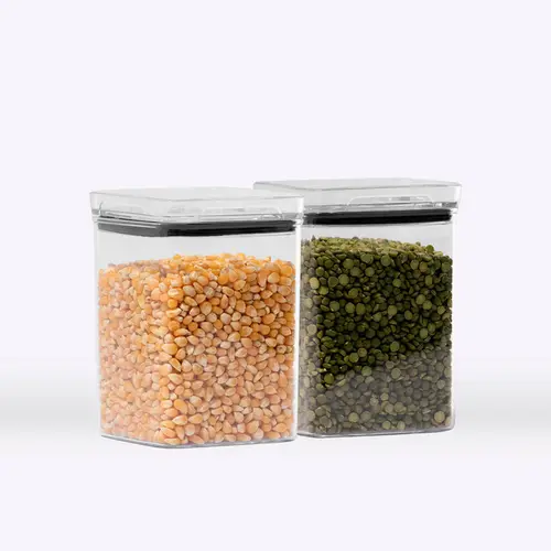 Kit 2 potes hermético transparente quadrado 1l para granel cereais alimentos
