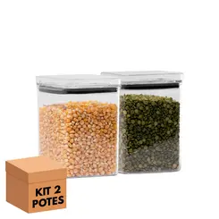Kit 2 potes hermético transparente quadrado 1l para granel cereais alimentos