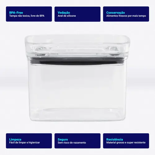 Kit 2 potes hermético transparente quadrado 500ml para granel cereais alimentos