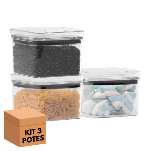 Kit 3 potes hermético transparente quadrado 500ml para granel cereais alimentos