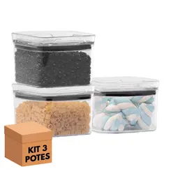 Kit 3 potes hermético transparente quadrado 500ml para granel cereais alimentos
