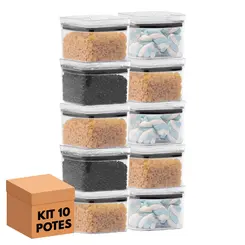 Kit 10 potes hermético transparente quadrado 500ml para granel cereais alimentos
