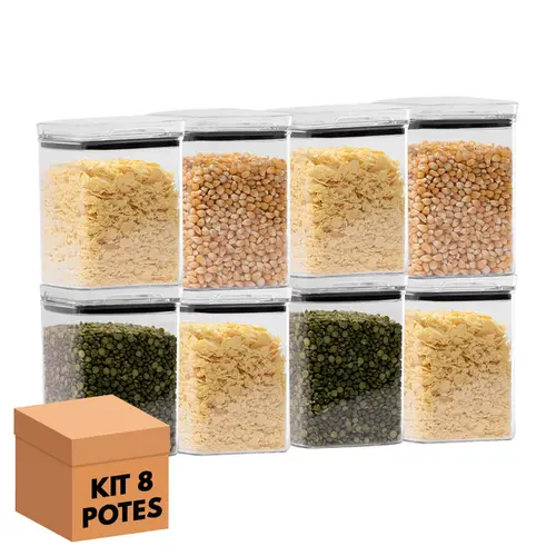 Kit 8 potes hermético transparente quadrado 1l para granel cereais alimentos