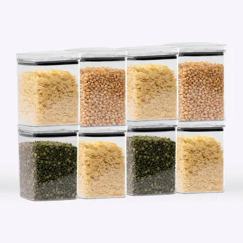 Kit 8 potes hermético transparente quadrado 1l para granel cereais alimentos