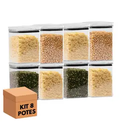 Kit 8 potes hermético transparente quadrado 1l para granel cereais alimentos