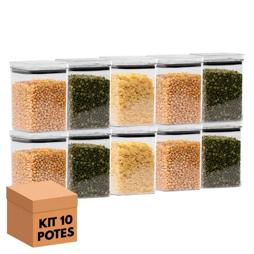 Kit 10 potes hermético transparente quadrado 1l para granel cereais alimentos