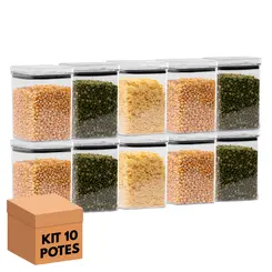 Kit 10 potes hermético transparente quadrado 1l para granel cereais alimentos
