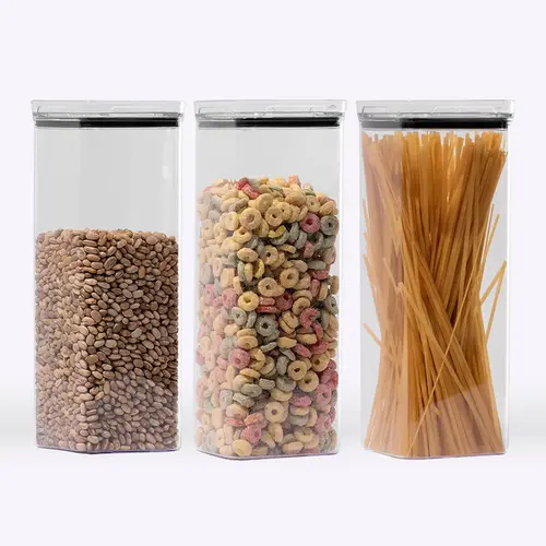 Kit 3 potes hermético transparente quadrado 2,2l para granel cereais alimentos