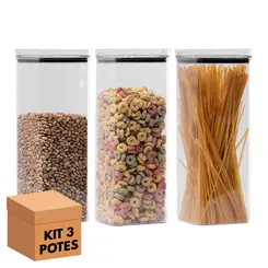 Kit 3 potes hermético transparente quadrado 2,2l para granel cereais alimentos