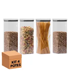 Kit 4 potes hermético transparente quadrado 2,2l para granel cereais alimentos