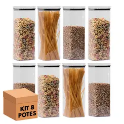 Kit 8 potes hermético transparente quadrado 2,2l para granel cereais alimentos
