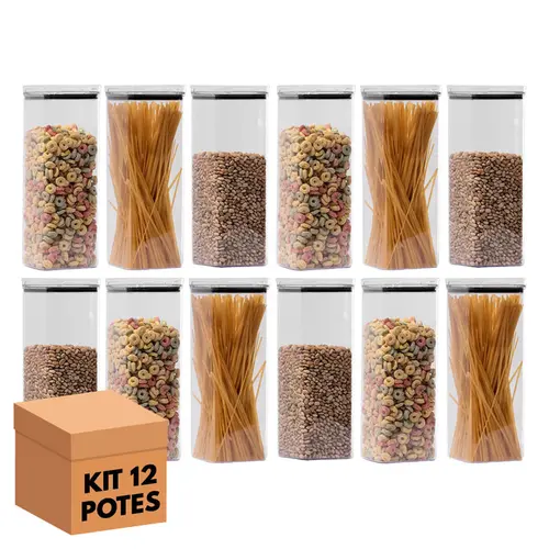 Kit 12 potes hermético transparente quadrado 2,2l para granel cereais alimentos