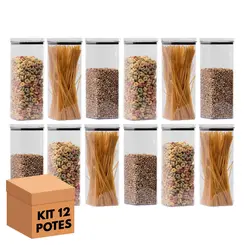 Kit 12 potes hermético transparente quadrado 2,2l para granel cereais alimentos