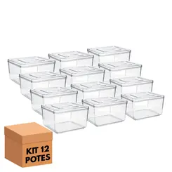 Kit 12 potes em acrílico p/ granel cereais alimentos 3,5l quadrado c/ tampa