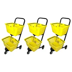 Kit 3 carrinhos de compras compacto duplo 50 litros amarelo