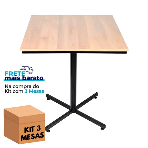 Kit 3 mesas design industrial tampo de madeira carvalho 70x70 p/ restaurante